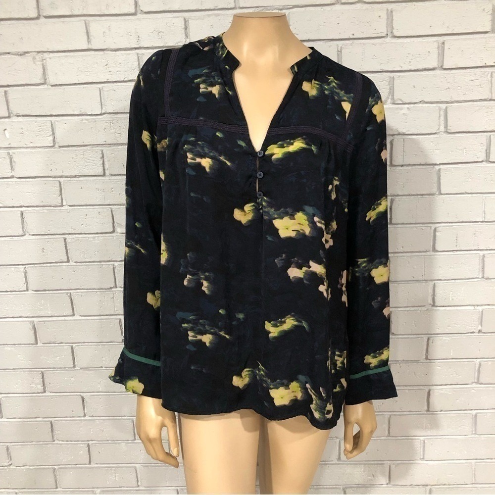 Collective Concepts Navy Blue Yellow Abstract Floral Split Neck Lace Blouse L